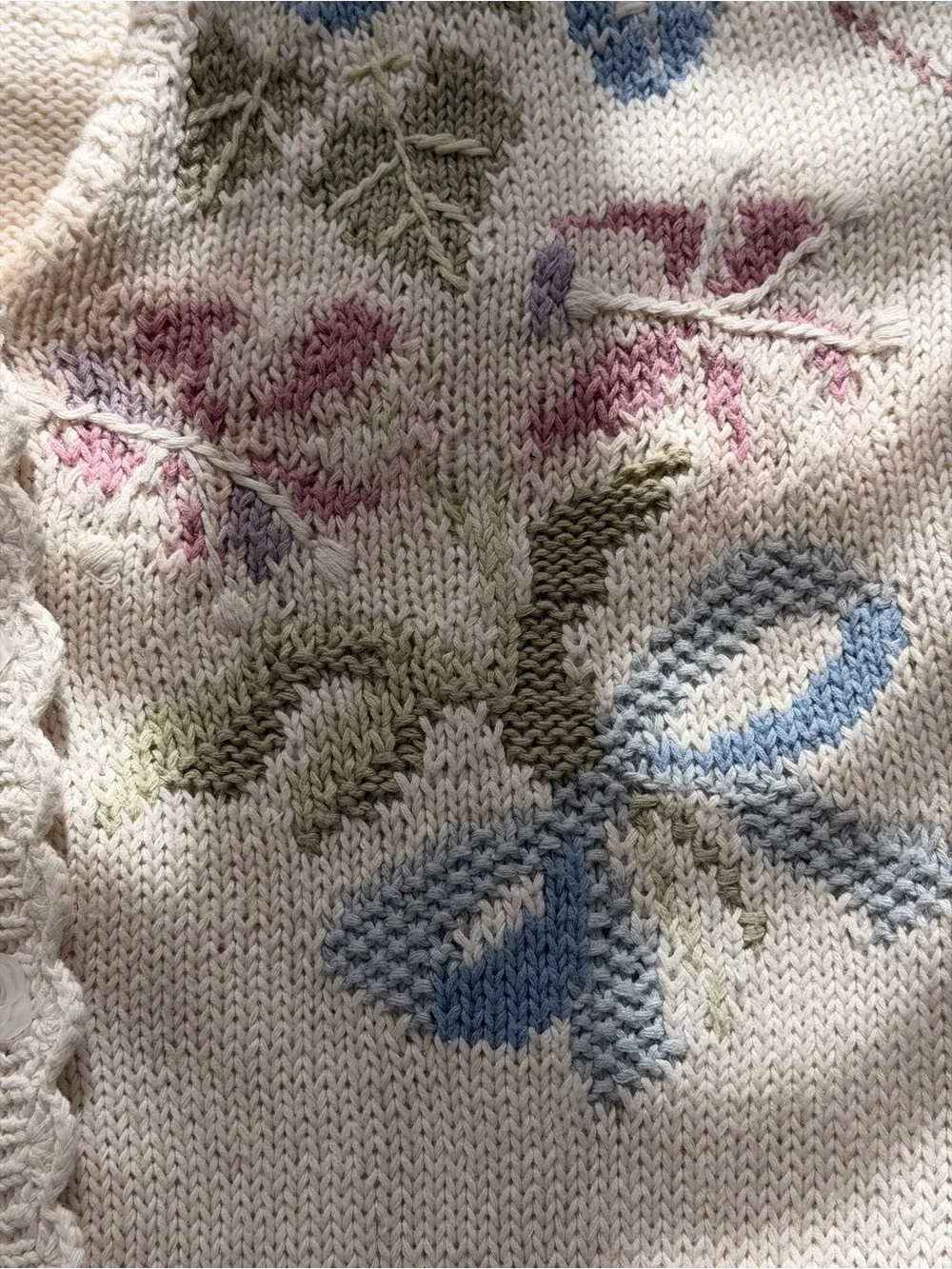 Vintage Hand Knit Floral Cottagecore Cardigan Cream Embroidered Sweater